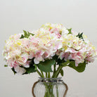 Close-up of artificial soft cream hydrangea flowers with blush peach detailing, showing clustered blooms and layered petals