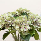 Close-up of artificial light green hydrangea flowers with light purple detailing, showing clustered blooms and gentle colour variation