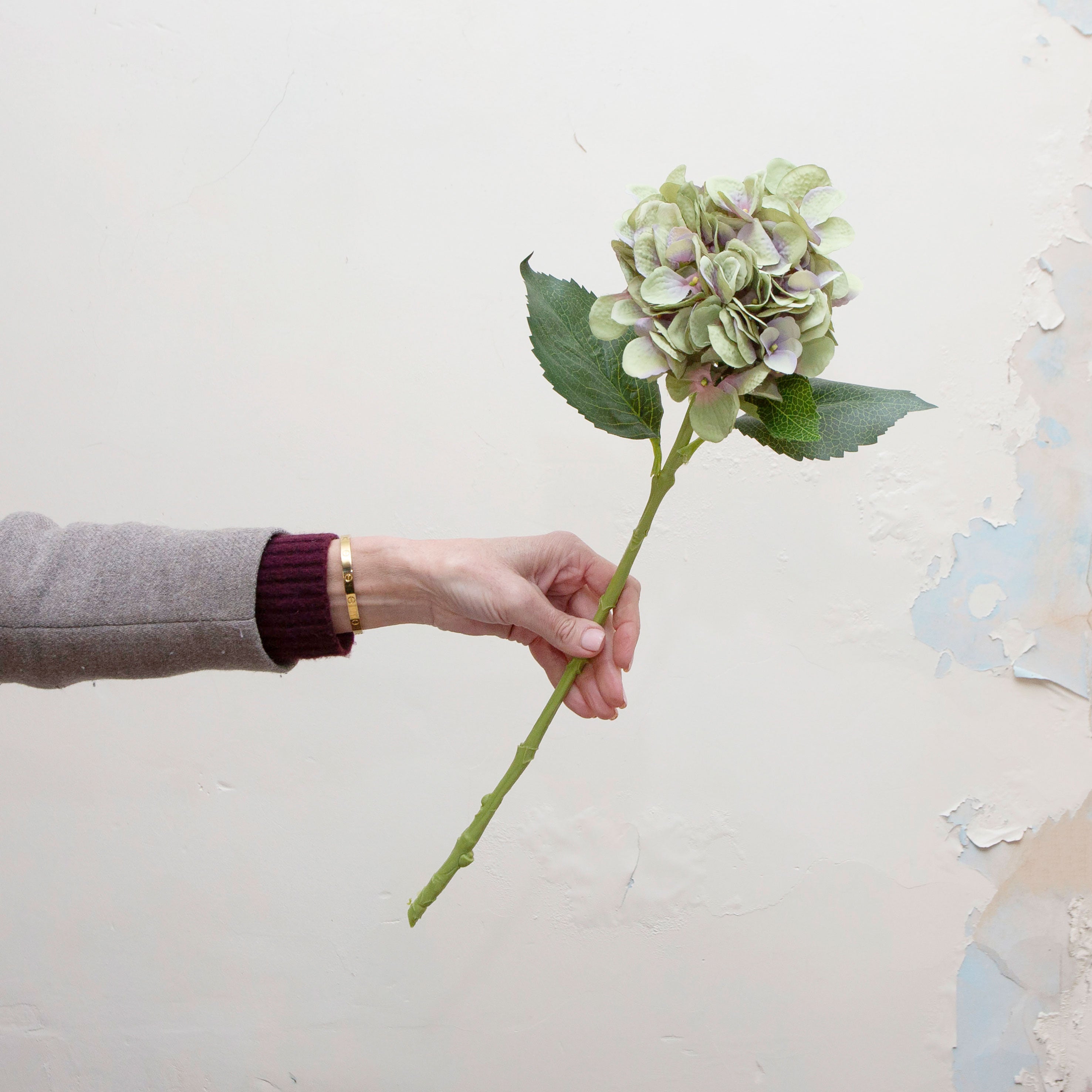 Artificial light green hydrangea stem with light purple detailing held in hand, featuring clustered blooms and green leaves