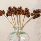 Close up of Artificial Pine Cone Stems with natural brown pine cones on long stems displayed in a clear green-tinted glass vase
