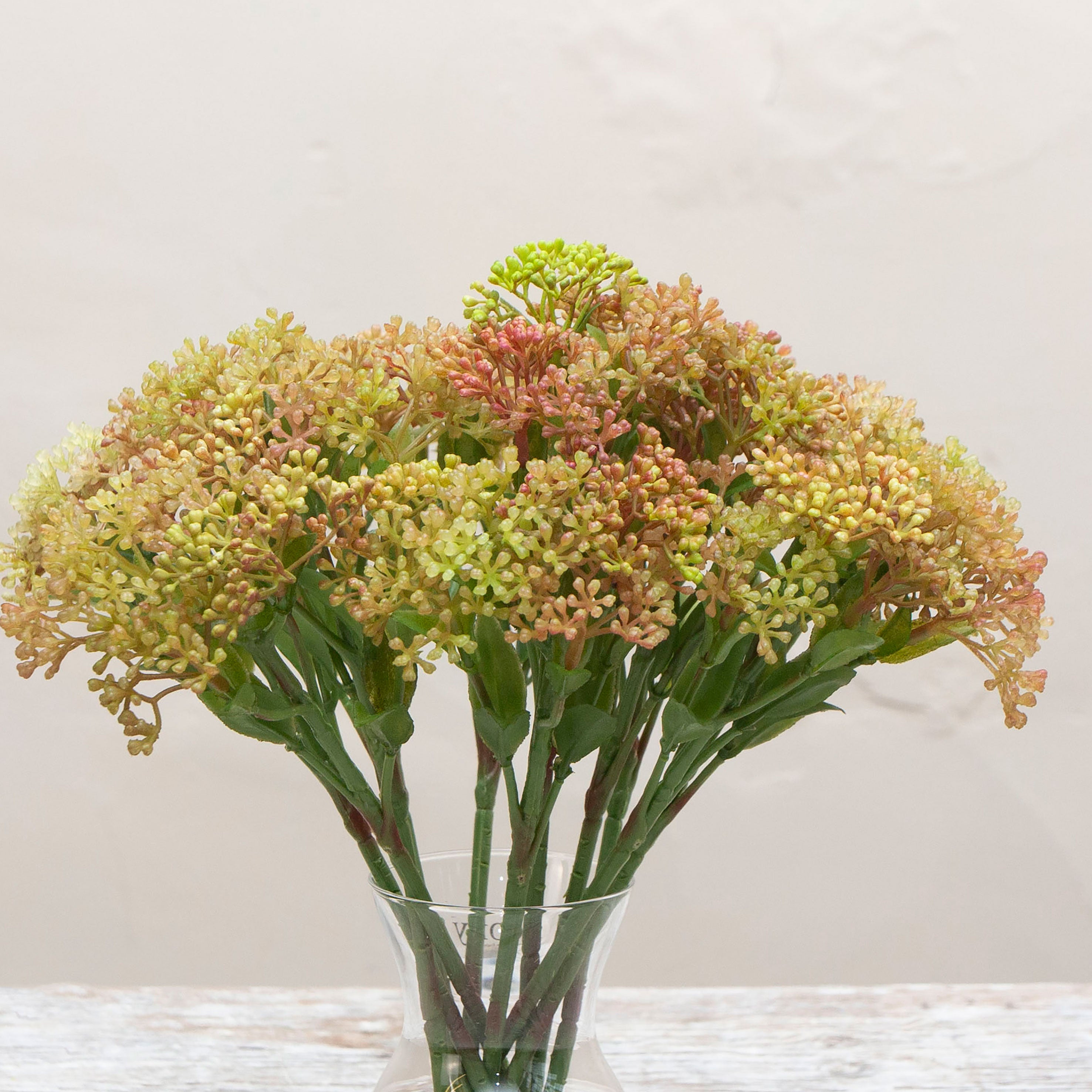 Close-up of artificial green-pink skimmia buds showing dense clusters and natural colour variation
