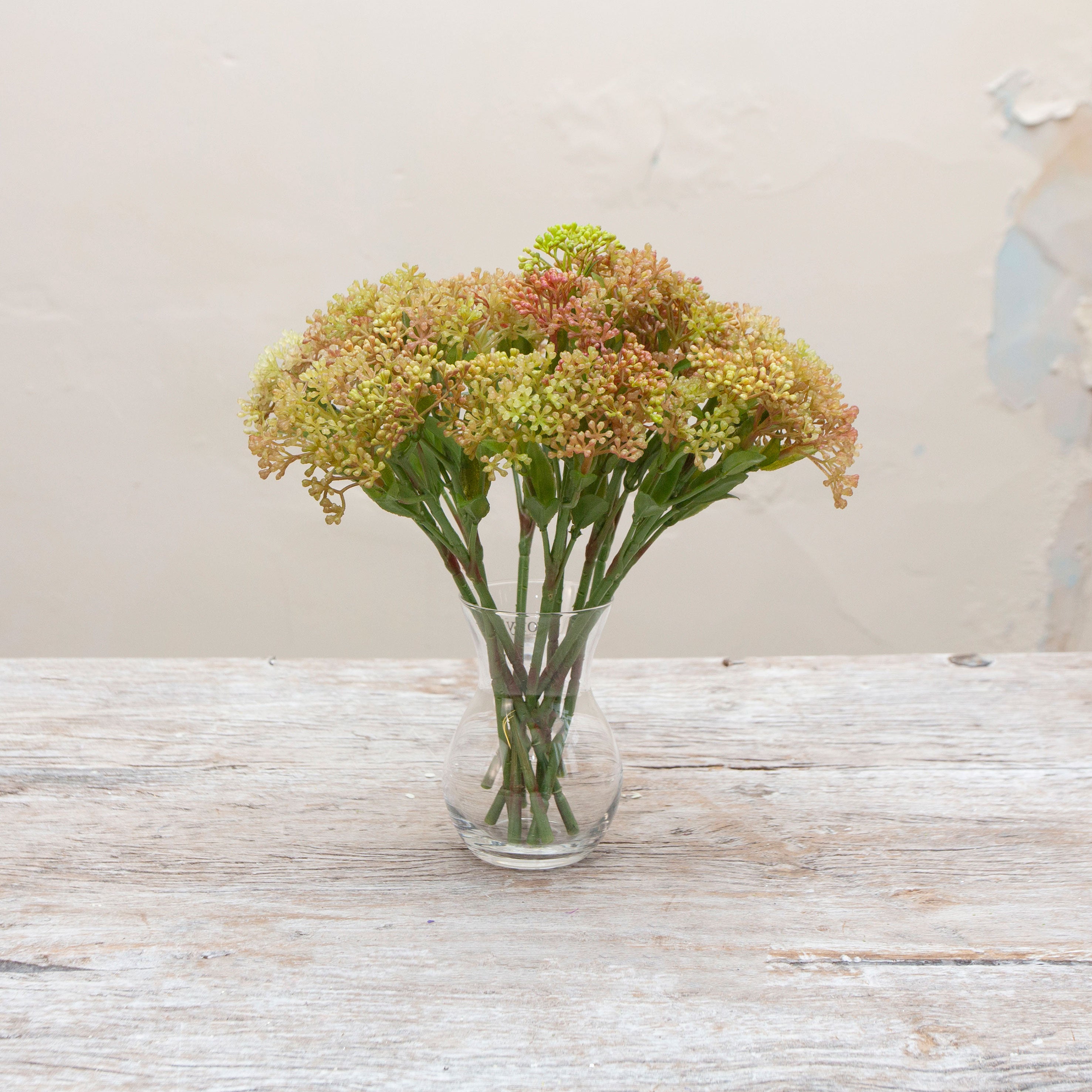 Artificial green-pink skimmia stems displayed together in a vase for styling purposes