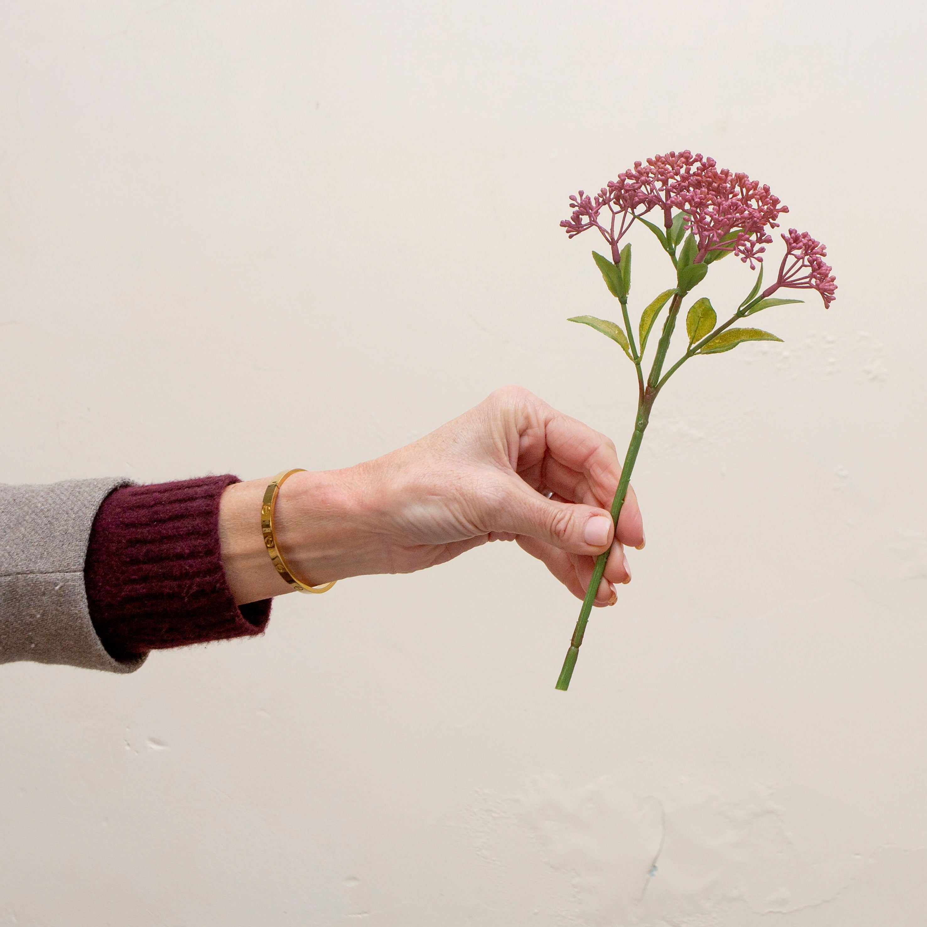 Artificial deep berry pink skimmia stem held in hand, featuring dense clustered buds and green foliage.