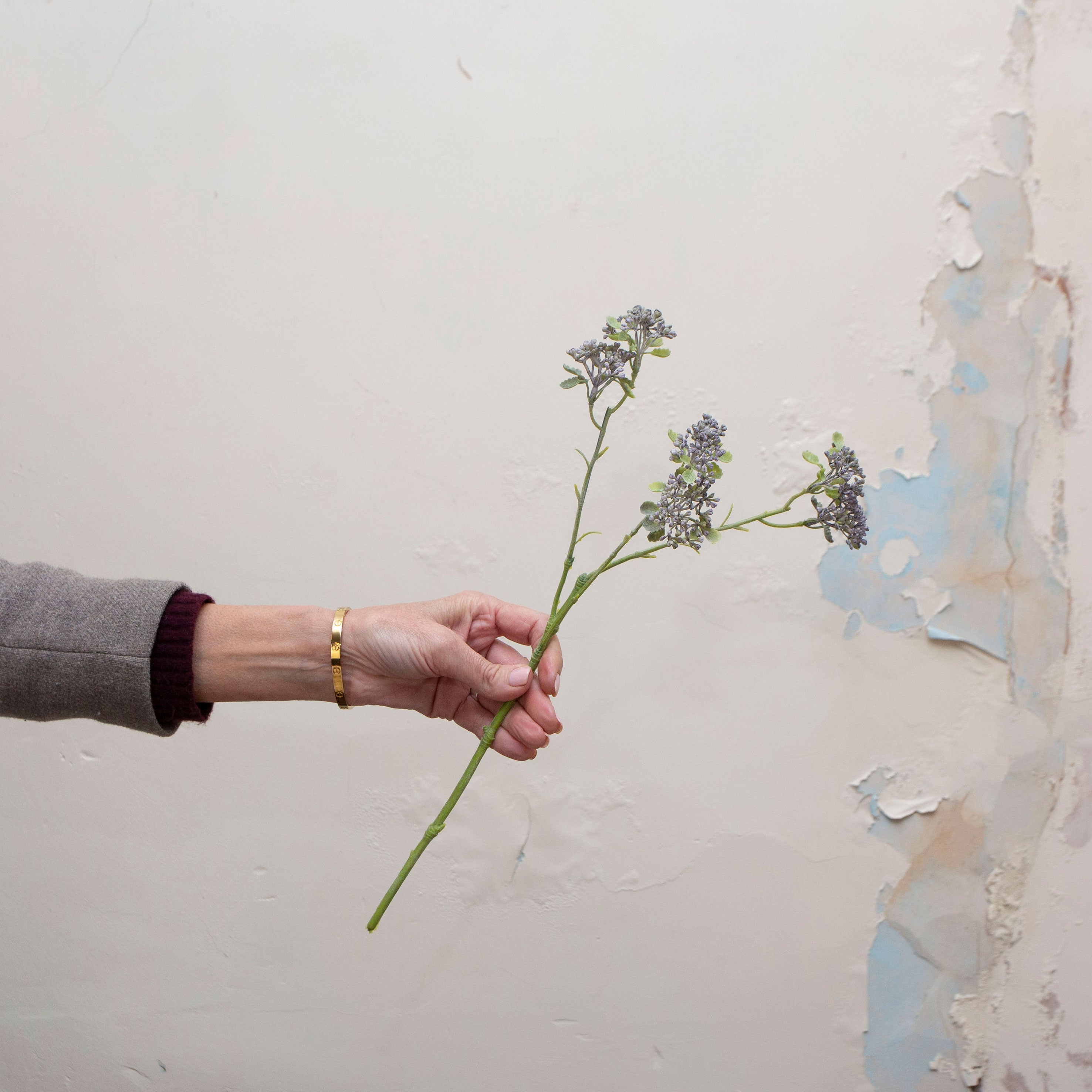 Artificial soft blue patrinia spray stem held in hand, featuring delicate clustered flowers on fine branching stems