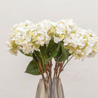 Close-up of artificial soft cream hydrangea flowers with peach detailing, showing clustered blooms and layered petals.