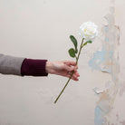 Artificial white rose stem held in hand, featuring layered petals and realistic green leaves