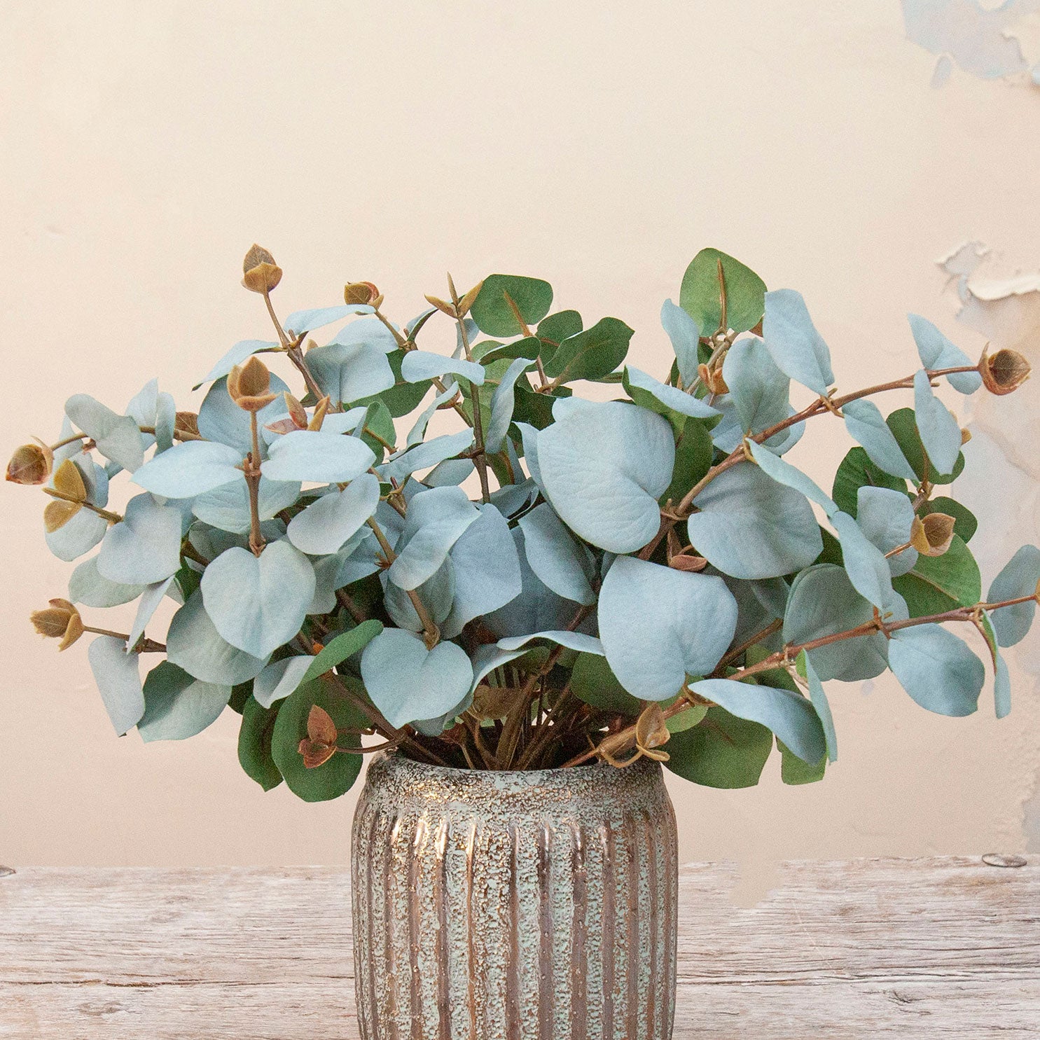 Close up Artificial Eucalyptus Bunch Stems with soft blue-green rounded leaves and natural brown seed pods displayed in a textured metallic vase