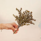 Hand holding Artificial Mini Eucalyptus Bunch Stem with dense muted green and warm brown foliage 