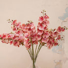 Close up of Artificial Phalaenopsis Orchid Stems with soft pink and cream speckled blooms and delicate buds displayed in a clear glass vase