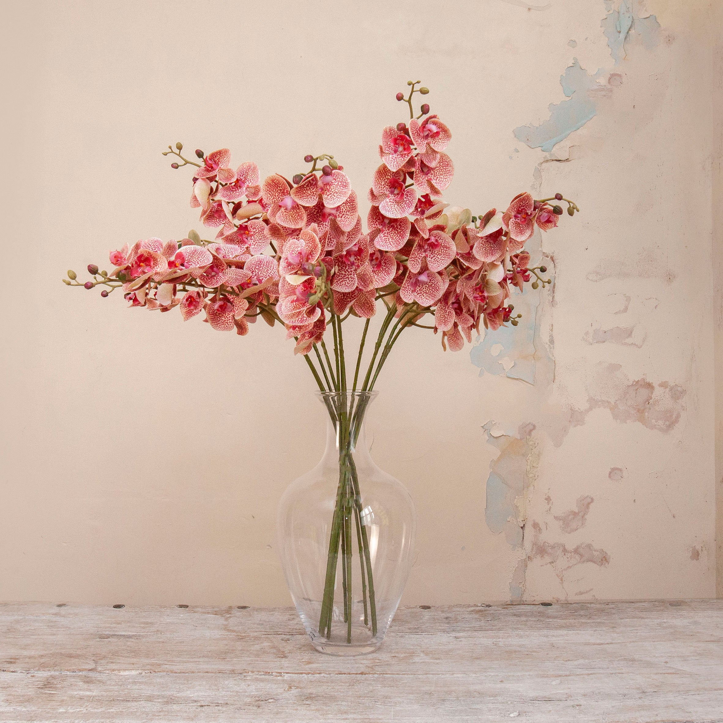 Artificial Phalaenopsis Orchid Stems with soft pink and cream speckled blooms and delicate buds displayed in a clear glass vase