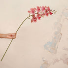 Hand holding Artificial Phalaenopsis Orchid Stem with soft pink and cream speckled blooms and delicate buds 