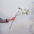 Hand holding artificial white cherry blossom stems 