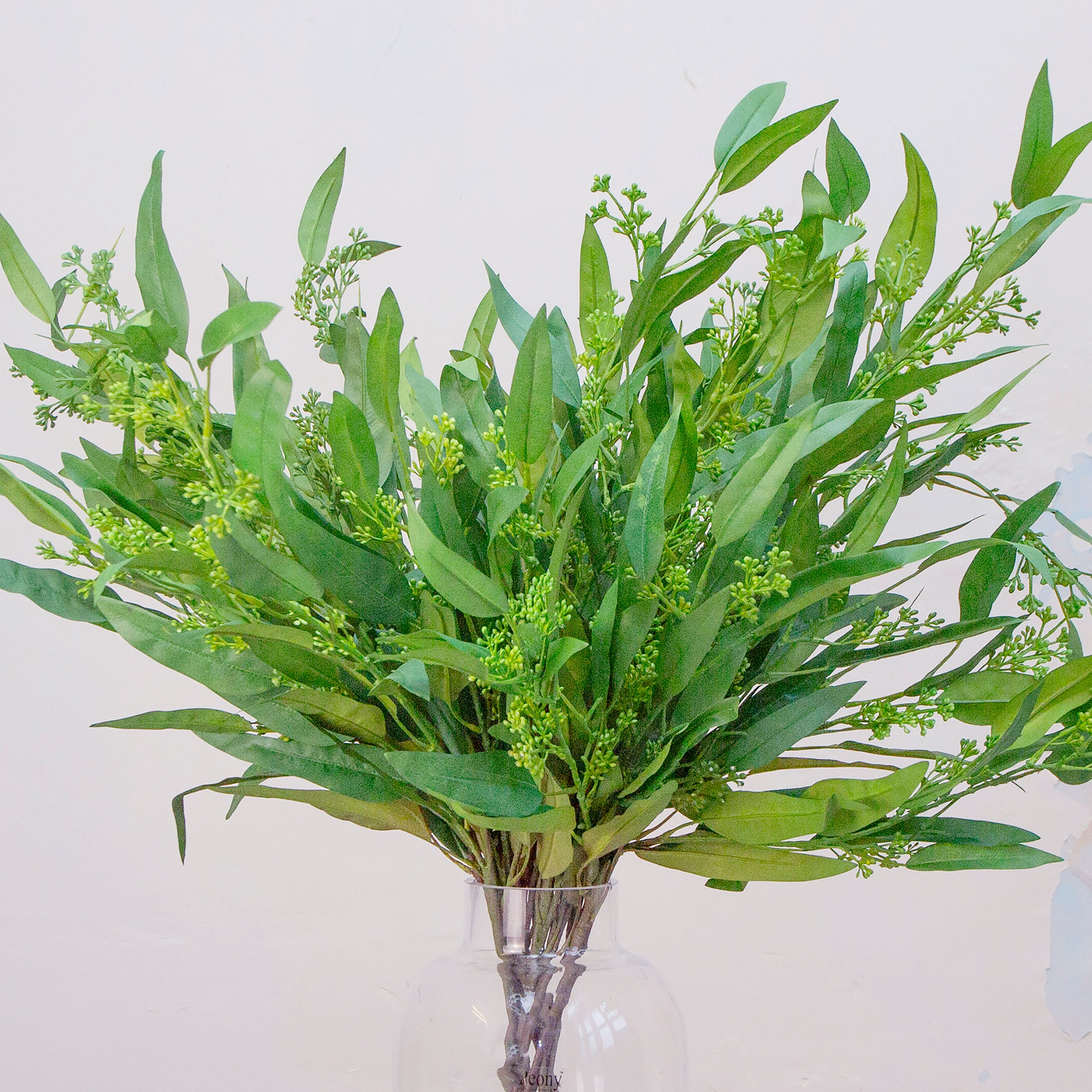 Close up of artificial green eucalyptus stems with seeds 