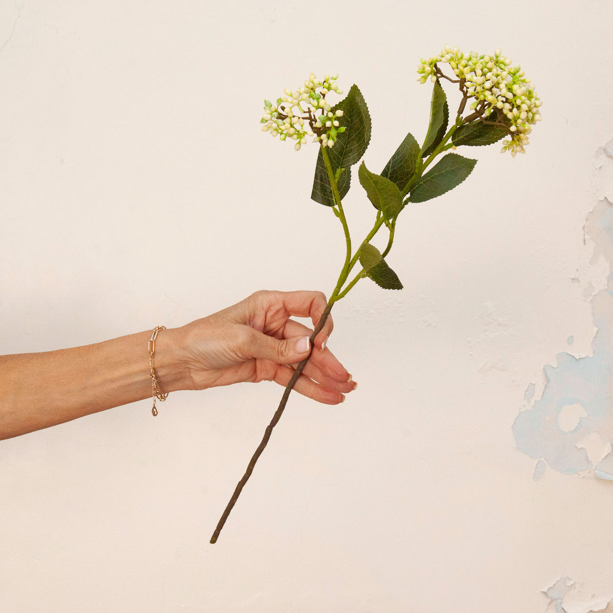 Hand holding Artificial Berry Stem with clusters of cream and pale green berries, dark green leaves 