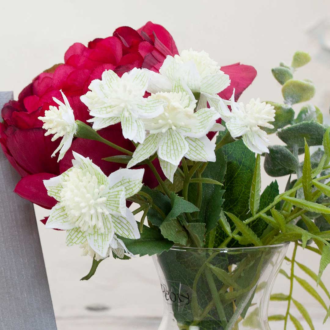 Pristina vase with Artificial magenta peony and foliage, presented with a peony gift bag and a 25ml Fresh Flower fragrance bottle.