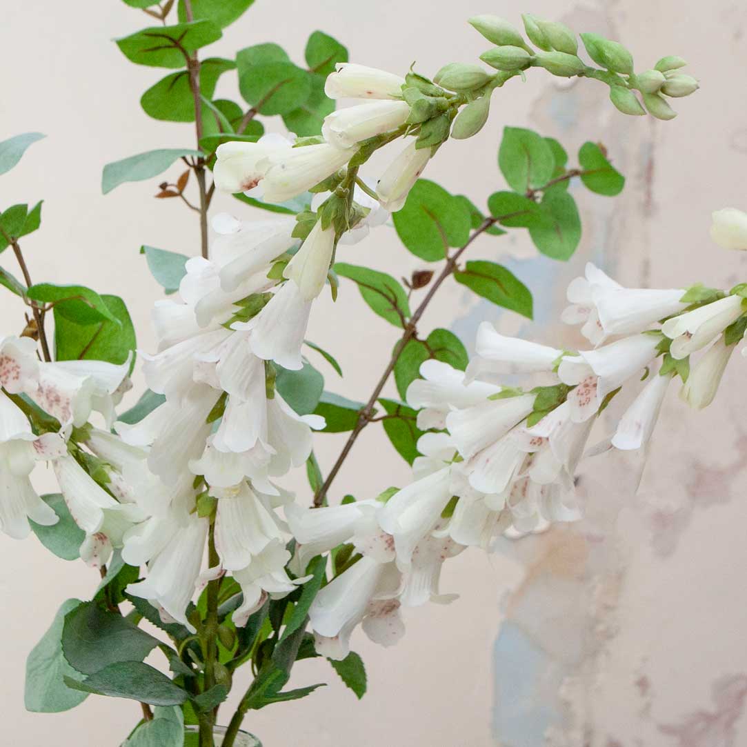 Close up of Artificial foxglove and eucalyptus in a lustre bottle vase