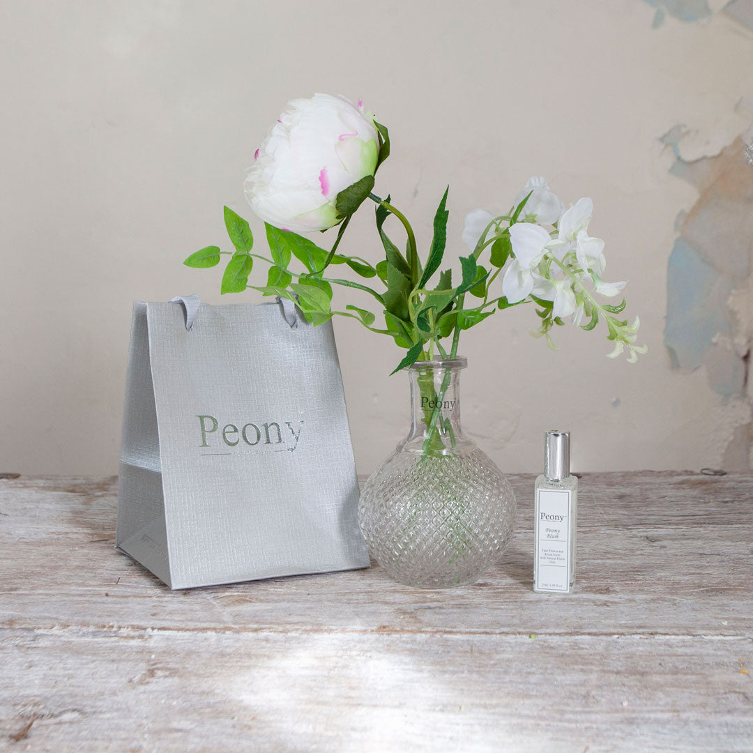 Bridal White Peony and Wisteria in a Vintage Bottle Vase with Gift Bag & Fragrance