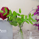 Close up of Magenta Peony & Wisteria in a Vintage Bottle Vase with Gift Bag & Fragrance