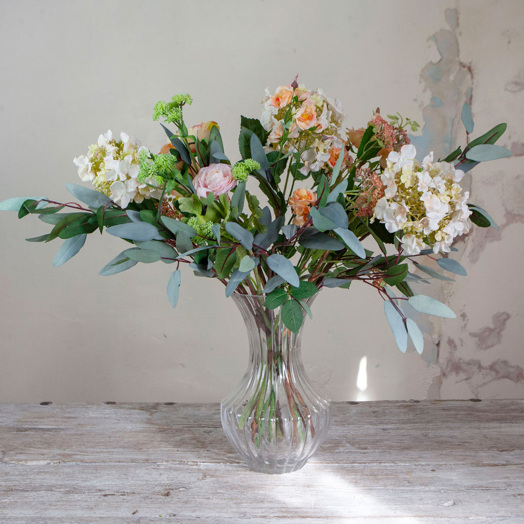Roses, Hydrangea & Eucalyptus in a Grand Waisted Ridged Vase