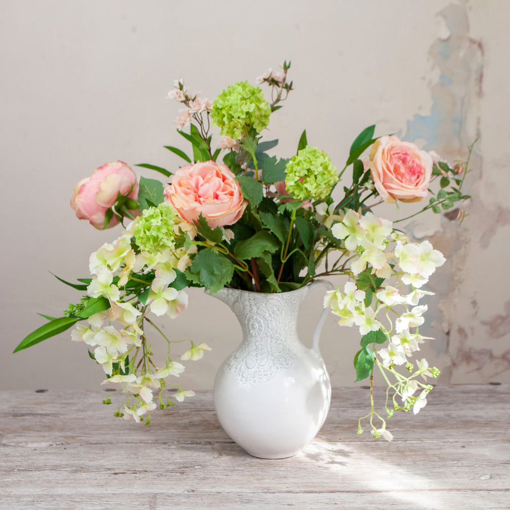 Roses, Wild Trailing Hydrangea and Foliage in a Lace Patterned Jug