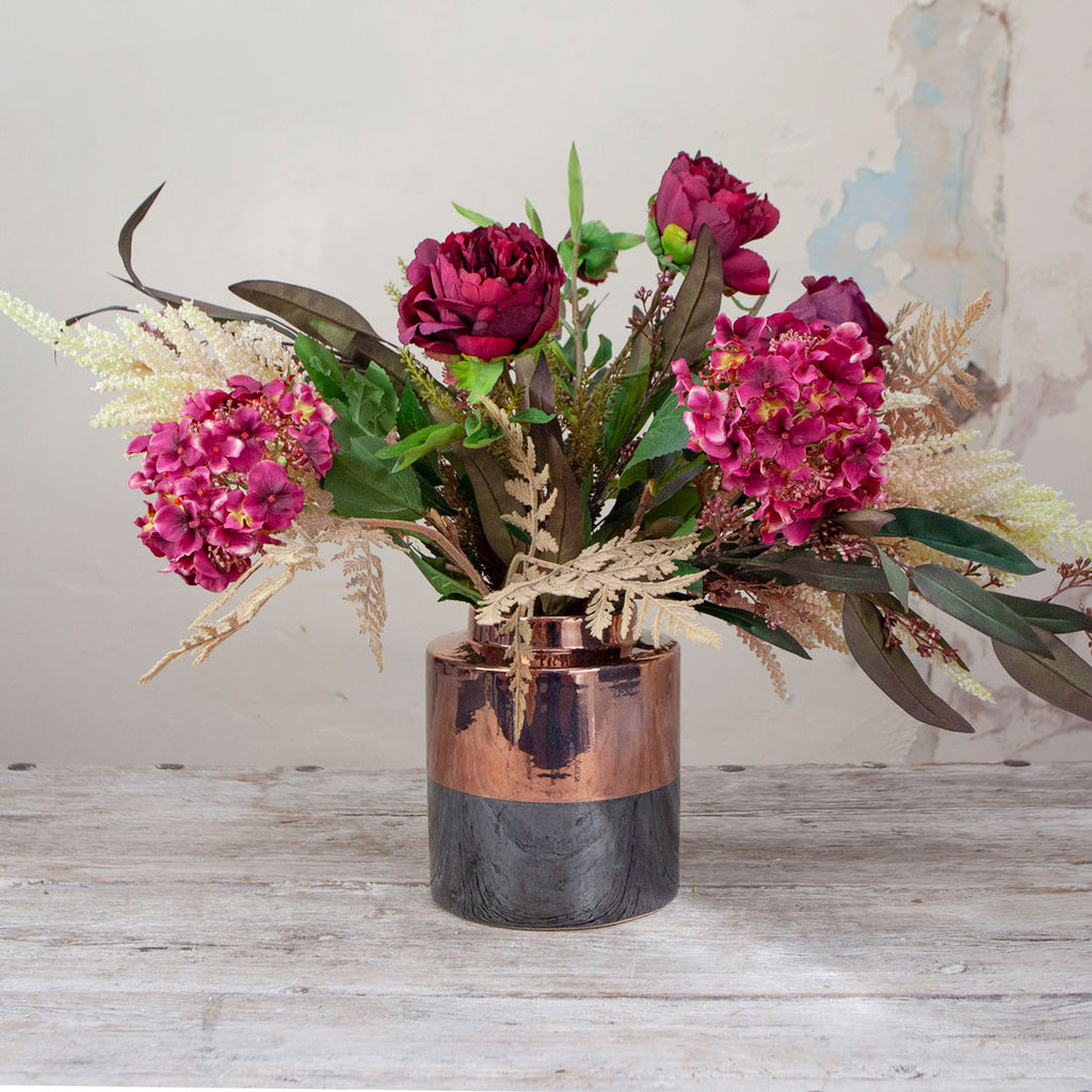 Peony, Rose, Astilbe and Foliage in a Contemporary Two Toned Pot