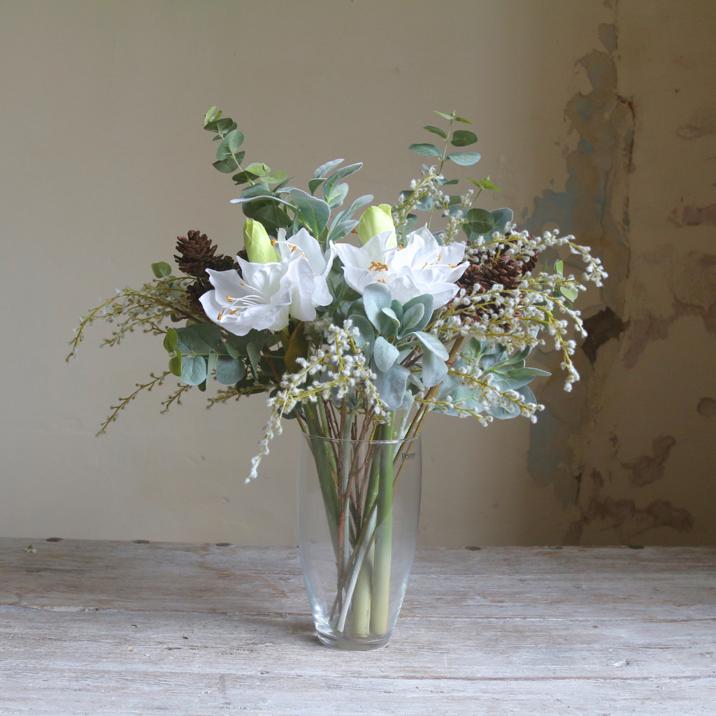 Amaryllis, Acacia, and Pinecones in a Vase