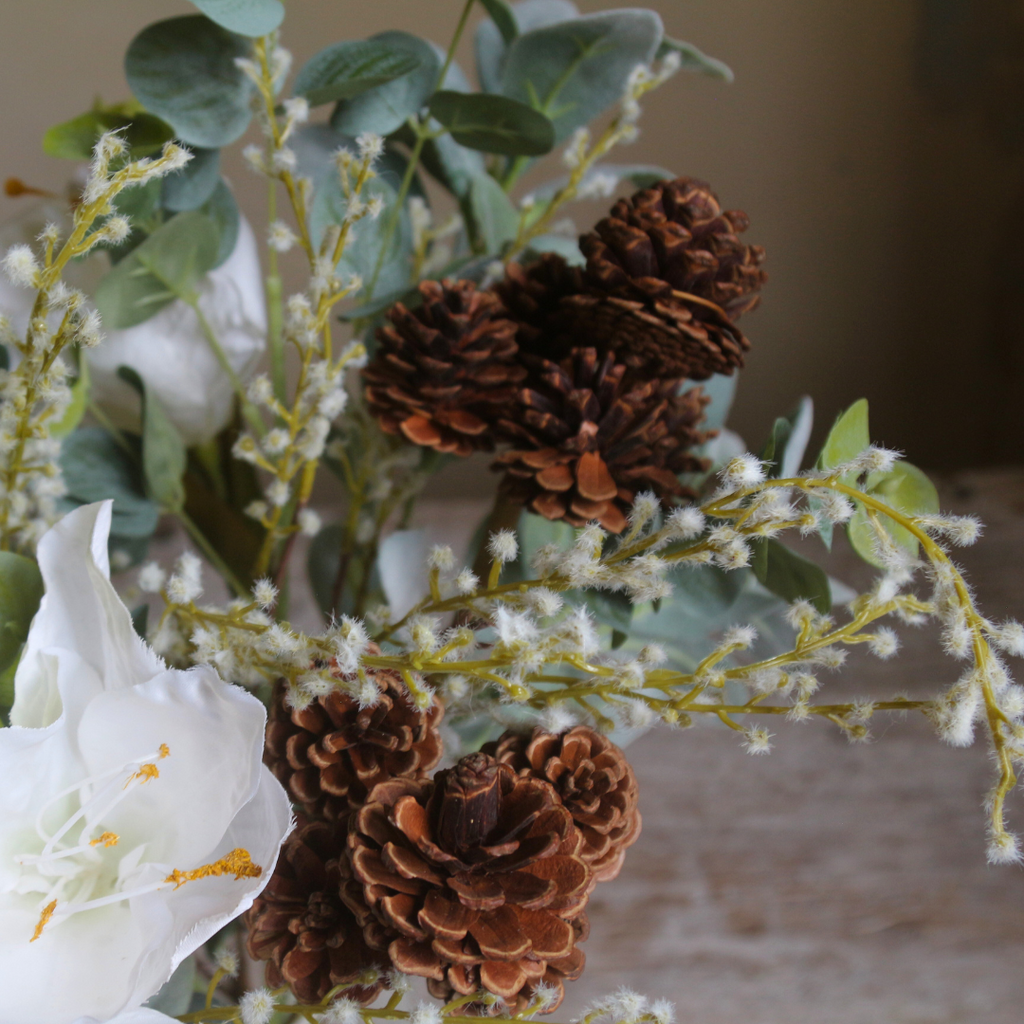 Amaryllis, Acacia, and Pinecones in a Vase