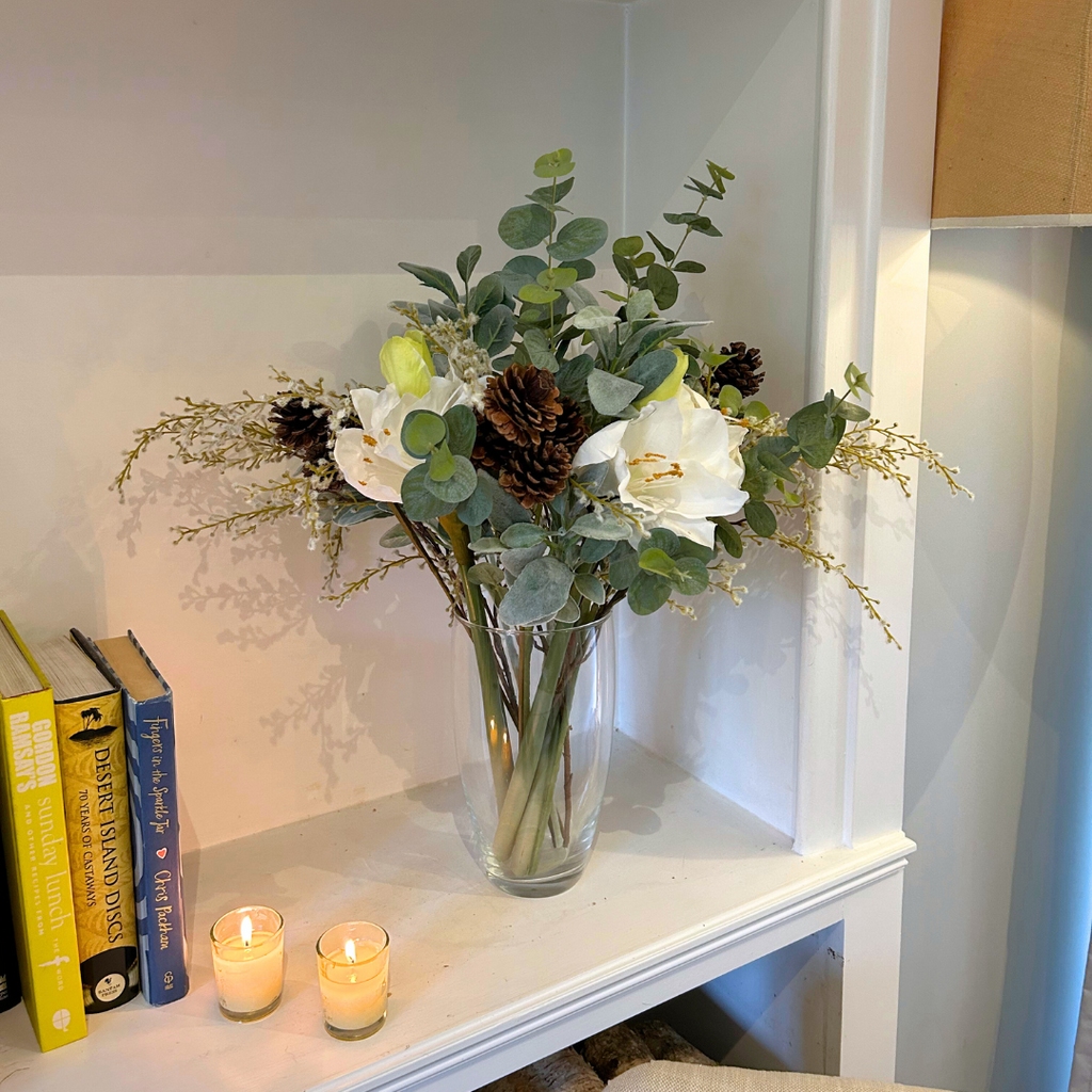 Amaryllis, Acacia, and Pinecones in a Vase