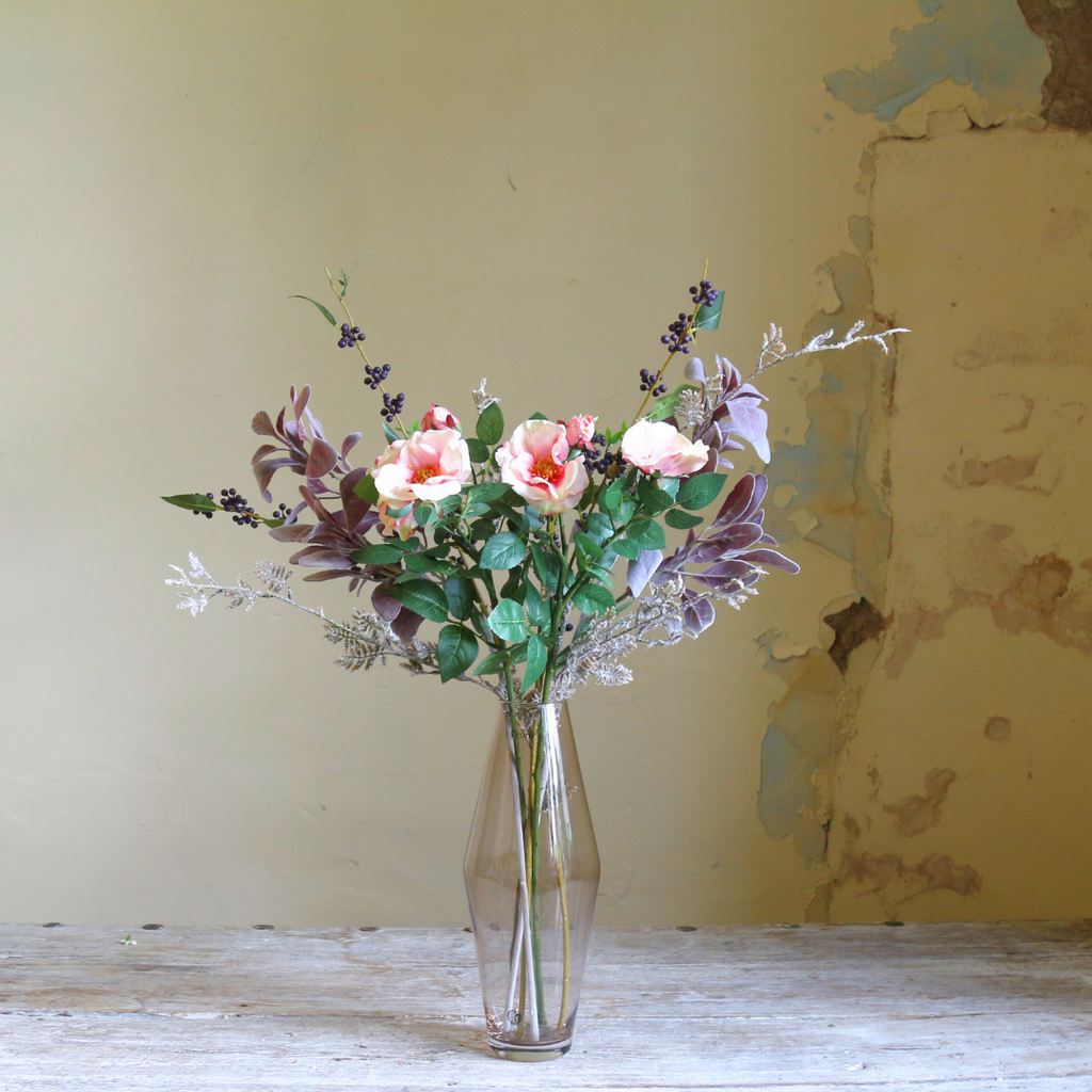 Pale Pink Dogwood Roses and Berries with Autumn Lambs Leaf in a Glass Vase