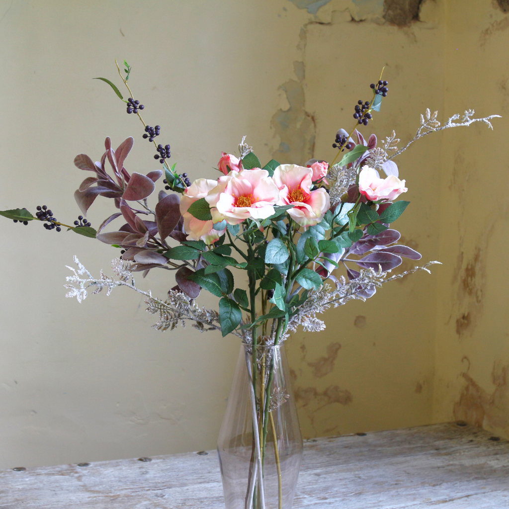 Pale Pink Dogwood Roses and Berries with Autumn Lambs Leaf in a Glass Vase close up2