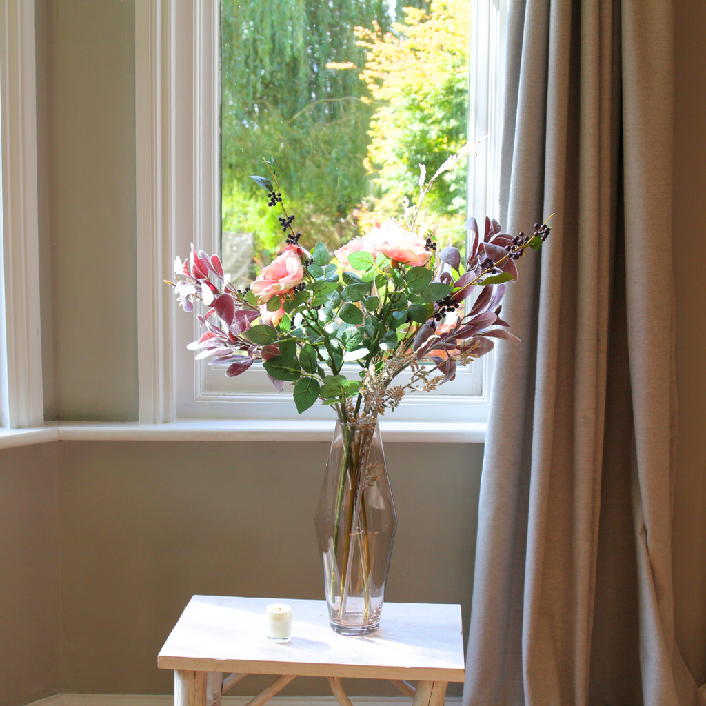 Pale Pink Dogwood Roses and Berries with Autumn Lambs Leaf in a Glass Vase Lifestyle