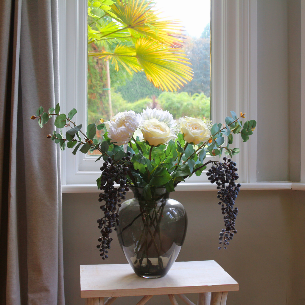 Chrysanthemum, Rose and Patrinia in a Smoked Rigged Vase Lifestyle
