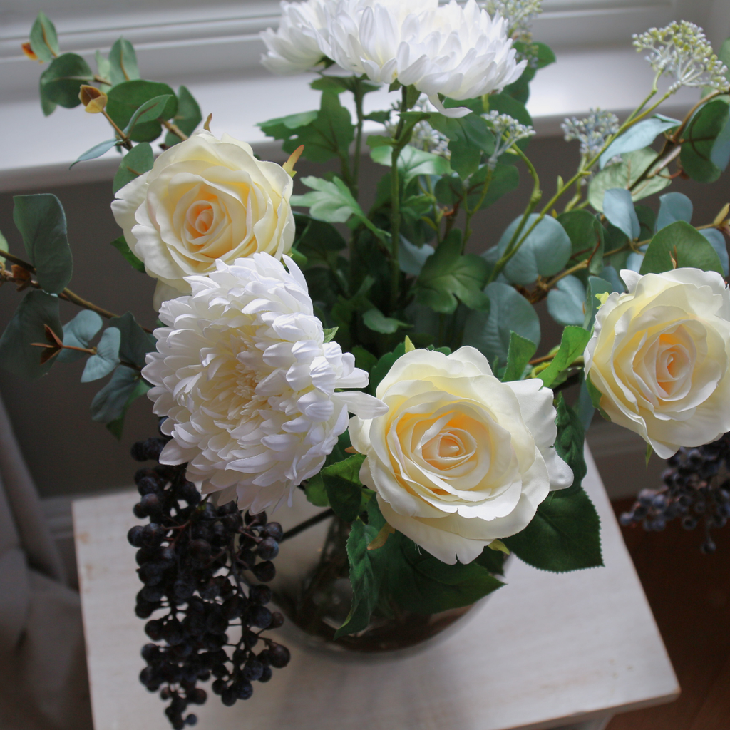 Chrysanthemum, Rose and Patrinia in a Smoked Rigged Vase Lifestyle close up3