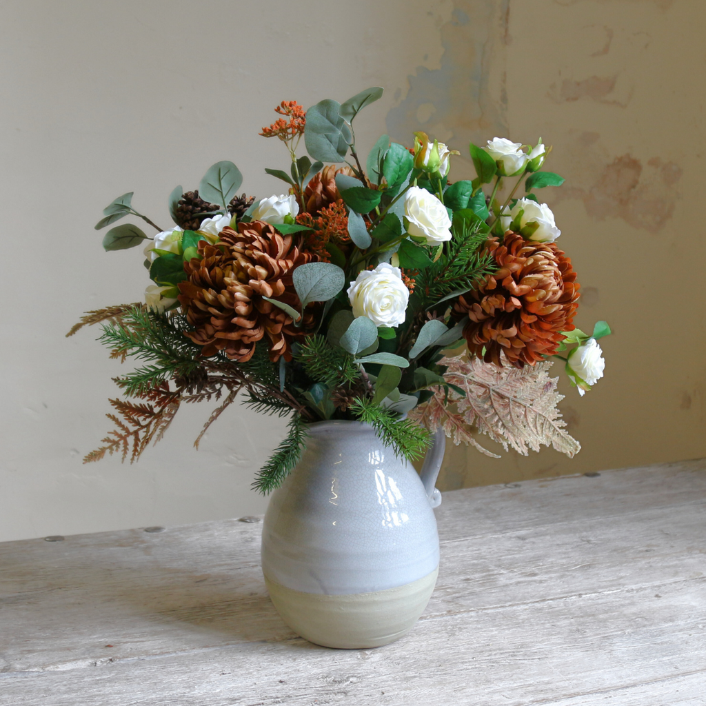 Autumn Foliage with Chrysanthemums and Roses in a Hand Glazed Large Jug 