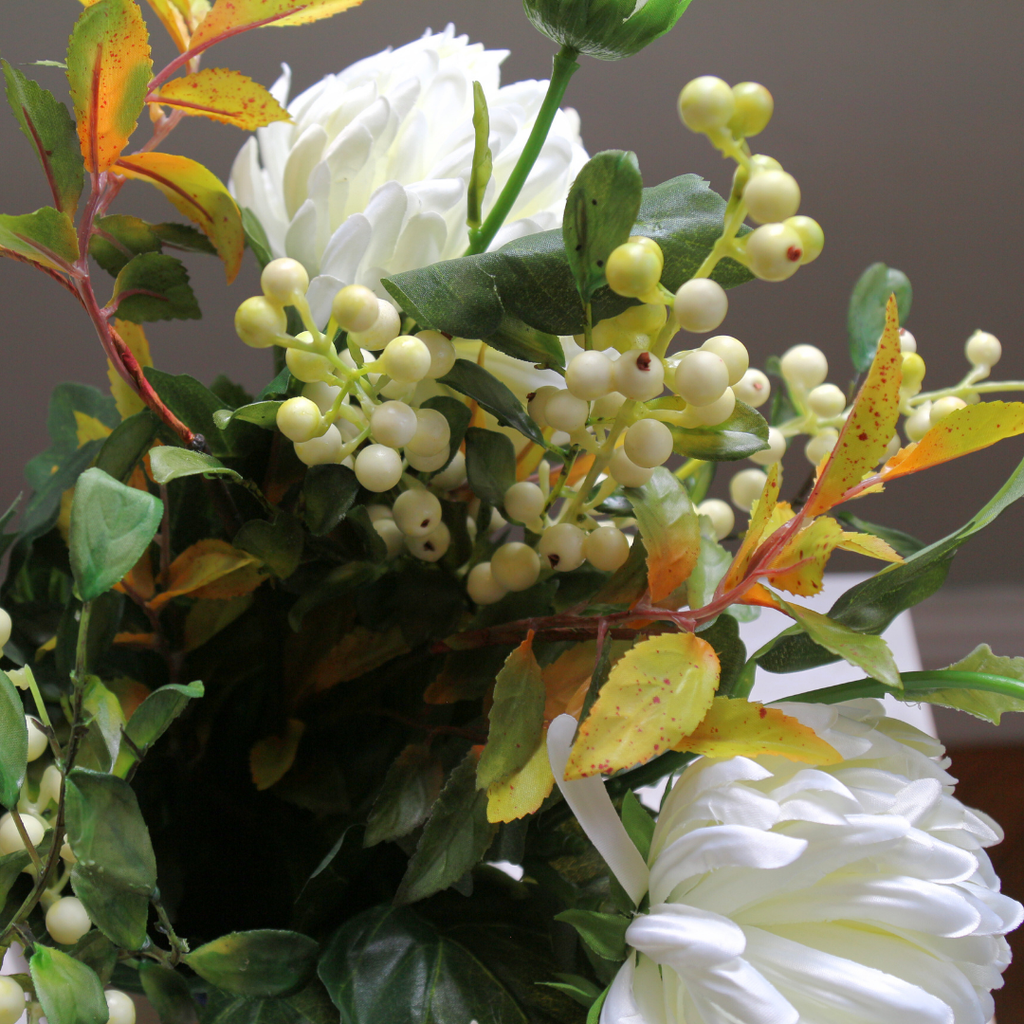 Blue and White Jug with Bridal White Chrysanthemums, Snowberries and Foliage Lifestyle Close up 2