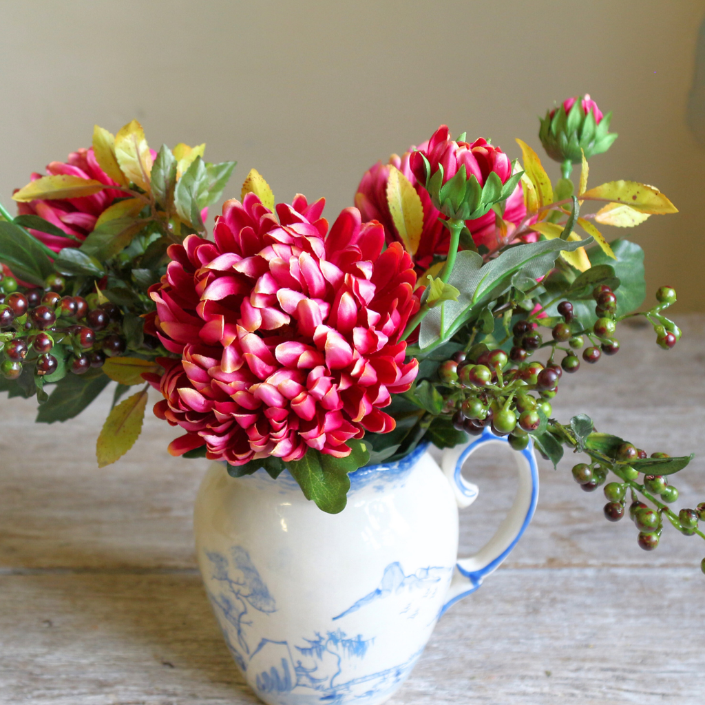 Blue and White Jug with Fushia Chrysanthemums, Berries and Foliage close up