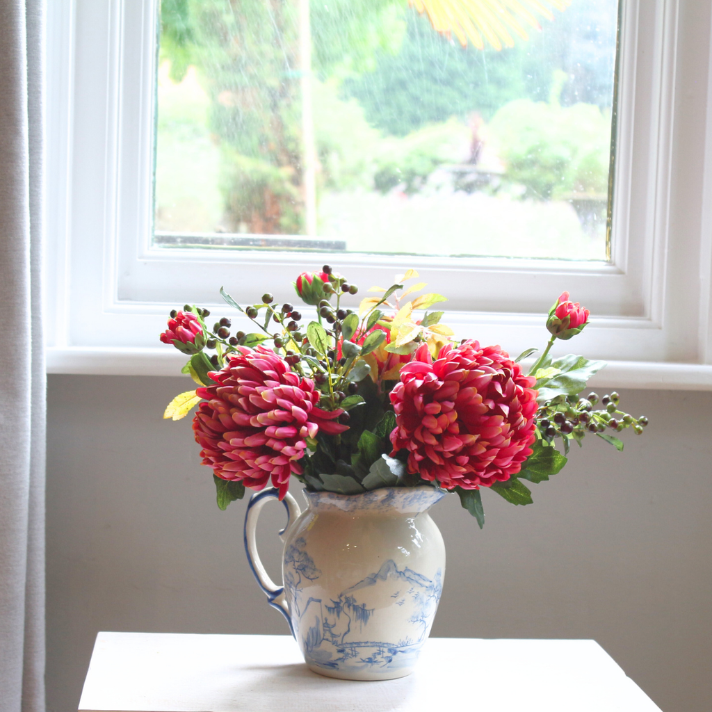 Blue and White Jug with Fushia Chrysanthemums, Berries and Foliage Lifestyle