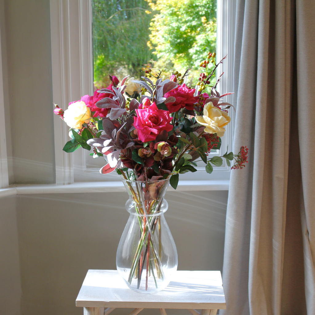 Large Glass Vase filled with breeds of Roses and Foliage lifestyle