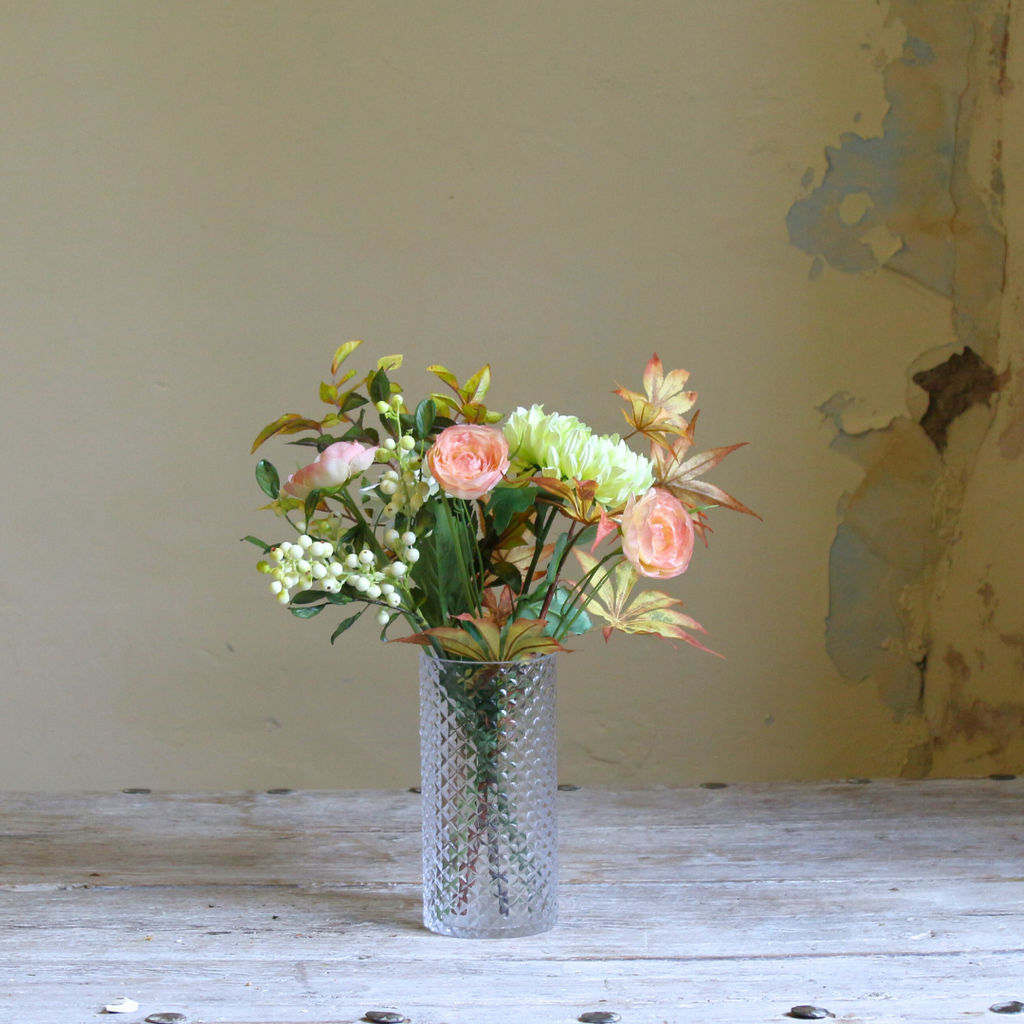 Autumn Mix of Flowers and Foliage in a Pretty Textured Glass Vase