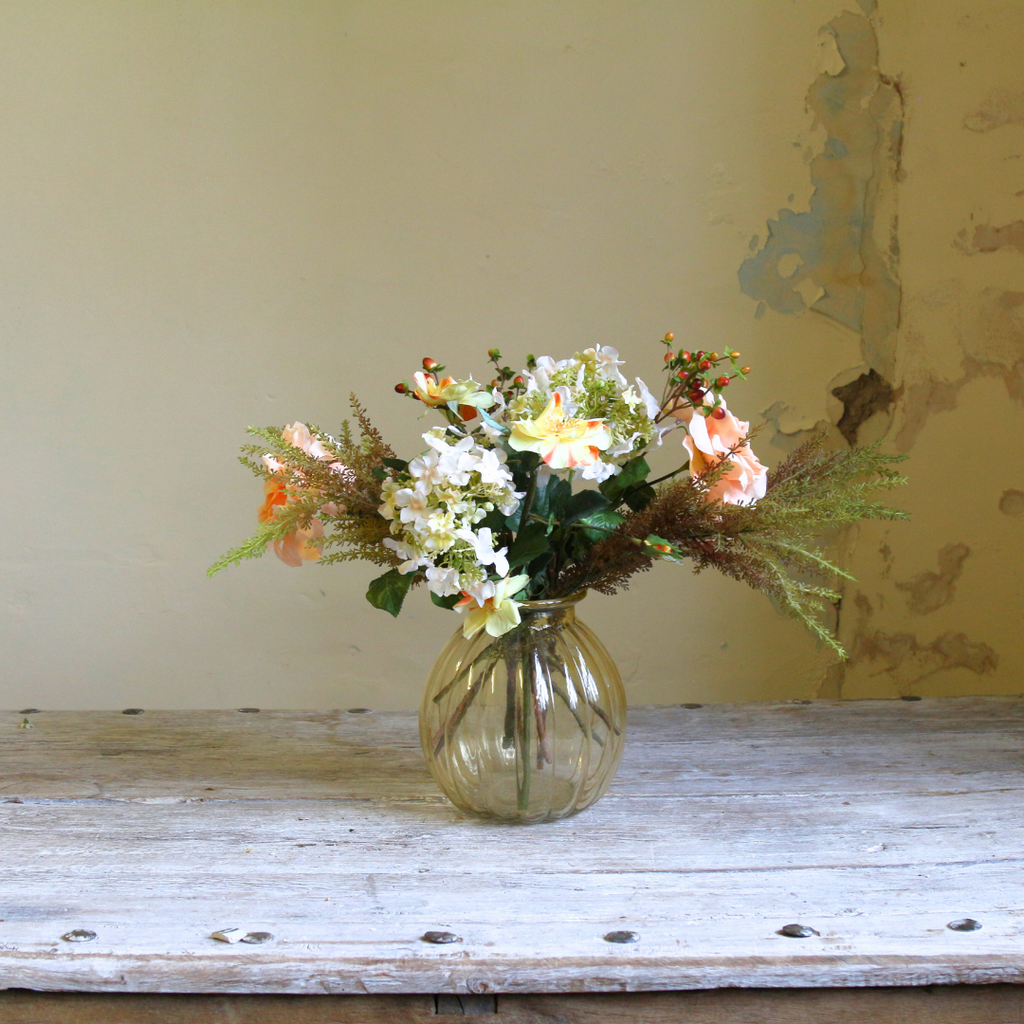 Autumn Mix with Roses, Berries and Hydrangeas in a Amber Pumpkin Vase 