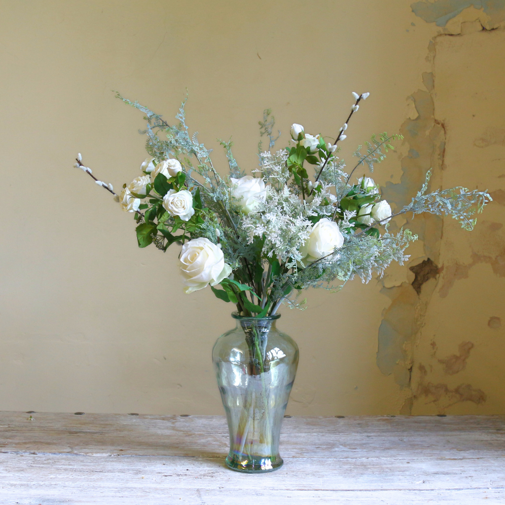 Array of Autumn Blooms, Roses and Pussy Willow in a Glass Vase 