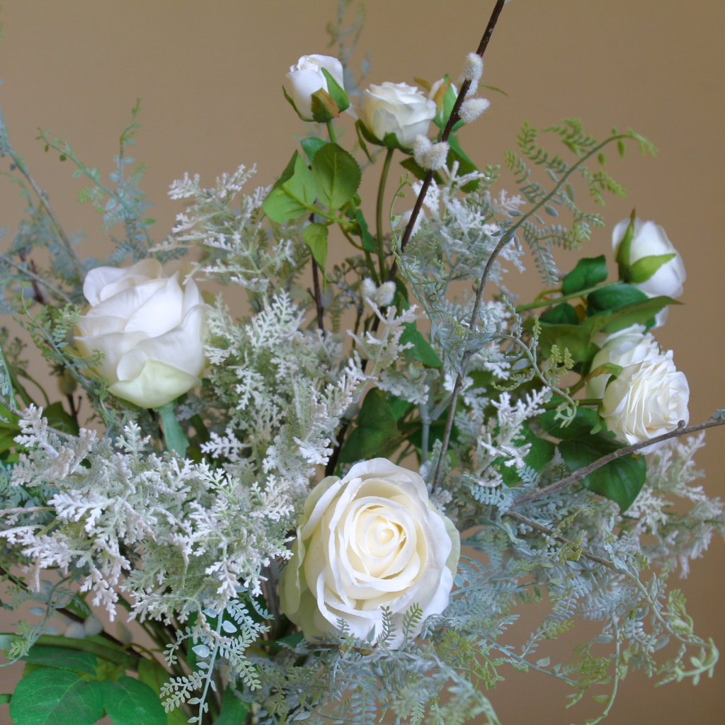 Array of Autumn Blooms, Roses and Pussy Willow in a Glass Vase Close up2