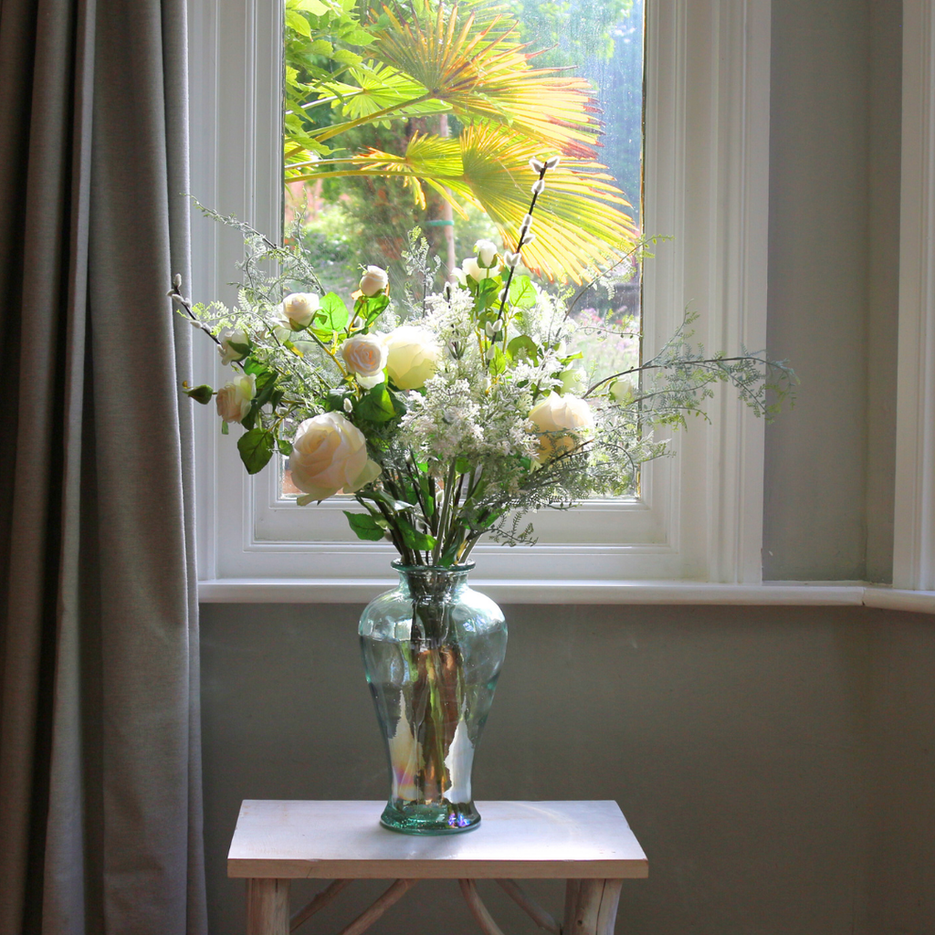 Array of Autumn Blooms, Roses and Pussy Willow in a Glass Vase Lifestyle