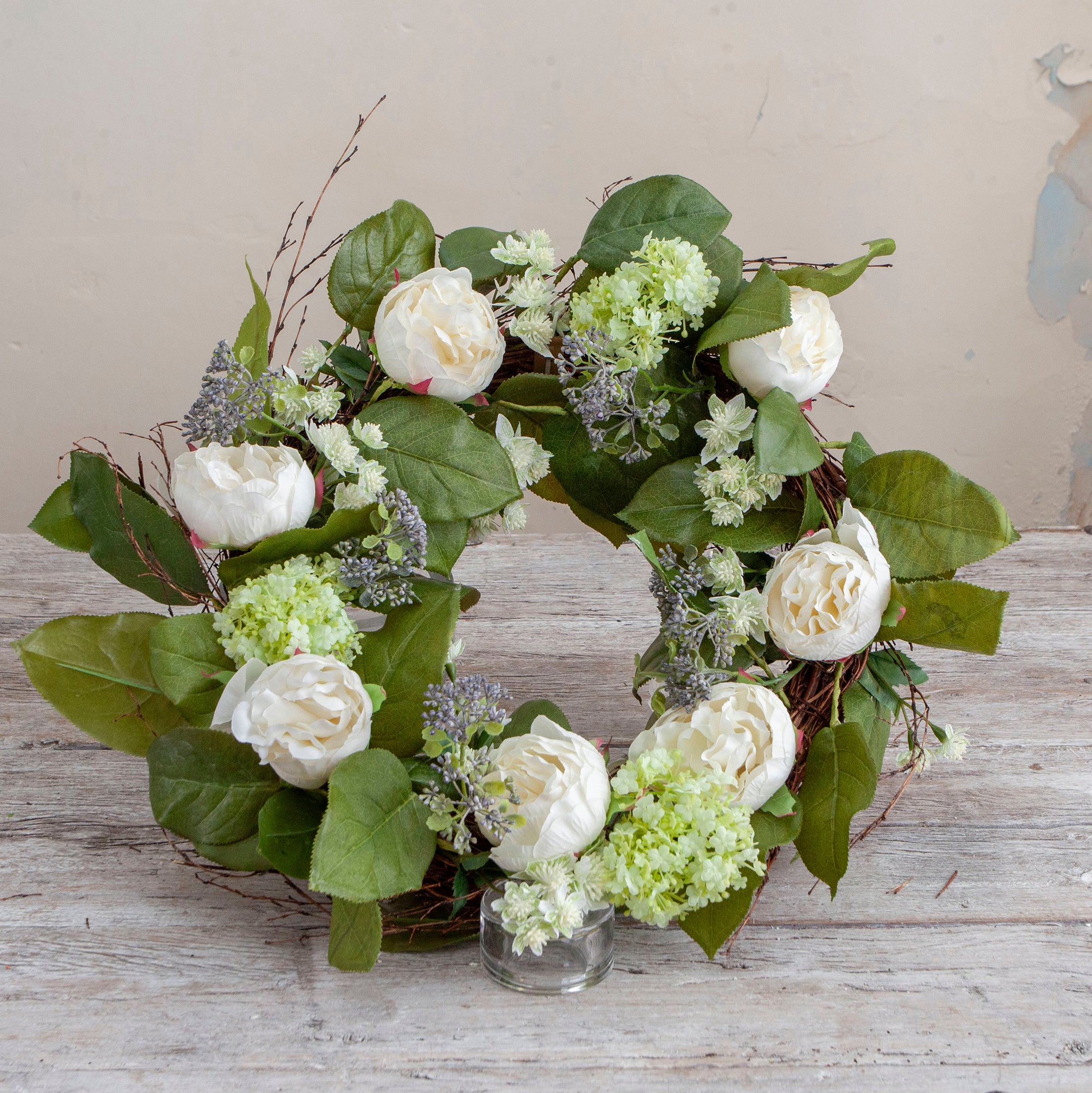 Artificial peony summer wreath with full peony blooms, suitable for front doors or interior wall display