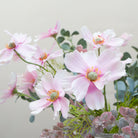 Artificial cosmos flower arrangement featuring soft pink blooms with eucalyptus and flocked greenery, displayed in a medium rope lantern vase