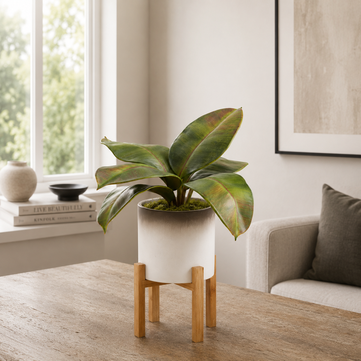 Artificial real touch rubber plant with realistic green leaves in a grey pot with a natural wooden stand, styled on a table in a neutral living room.