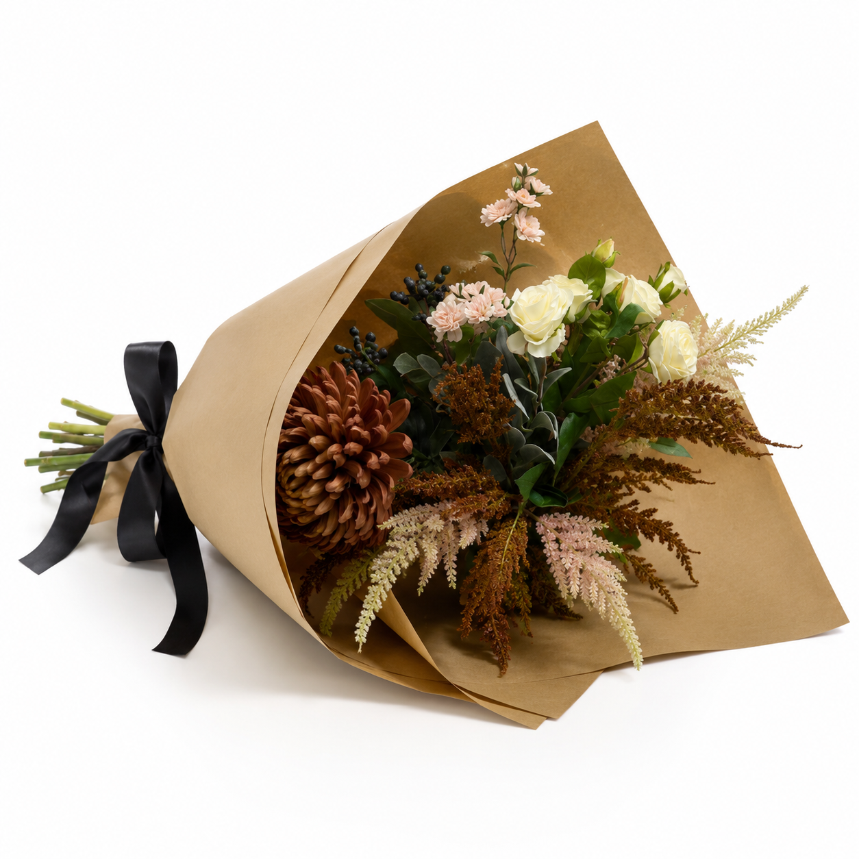 Artificial chrysanthemum, rose and astilbe bouquet in warm autumn tones, wrapped in brown kraft paper with a black satin ribbon.
