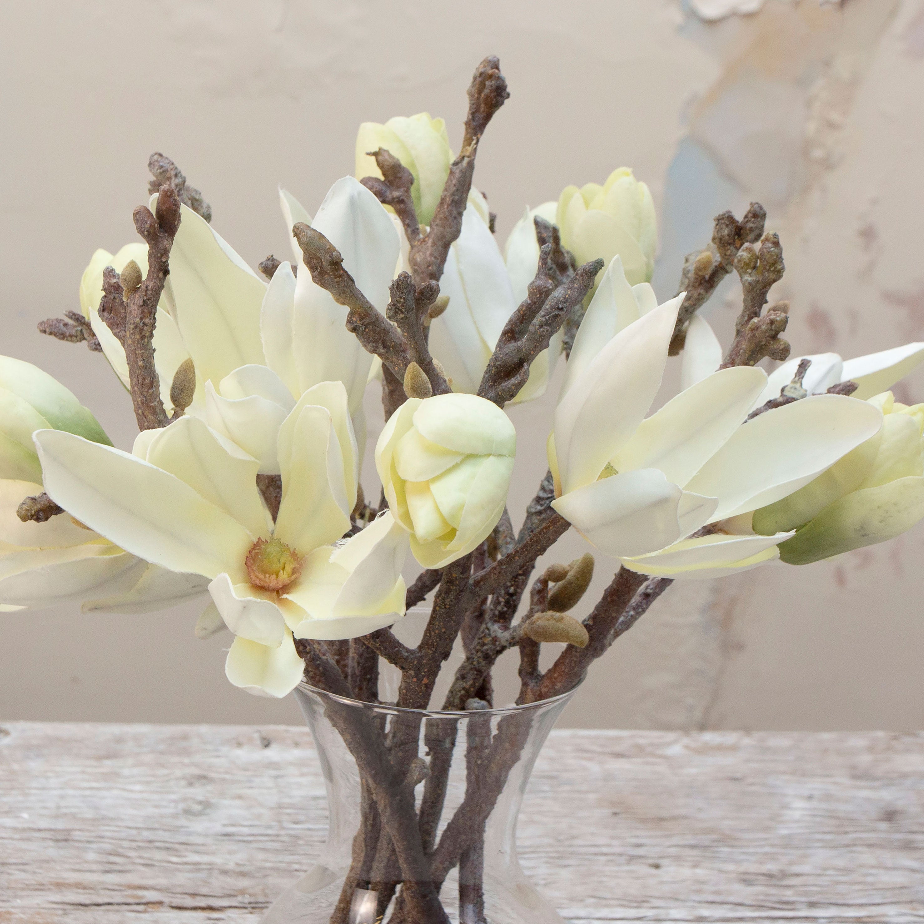 Close-up of artificial cream magnolia flowers showing open petals, buds, and natural branching detail.