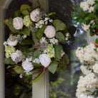 Artificial peony summer wreath with full peony blooms, suitable for front doors or interior wall display