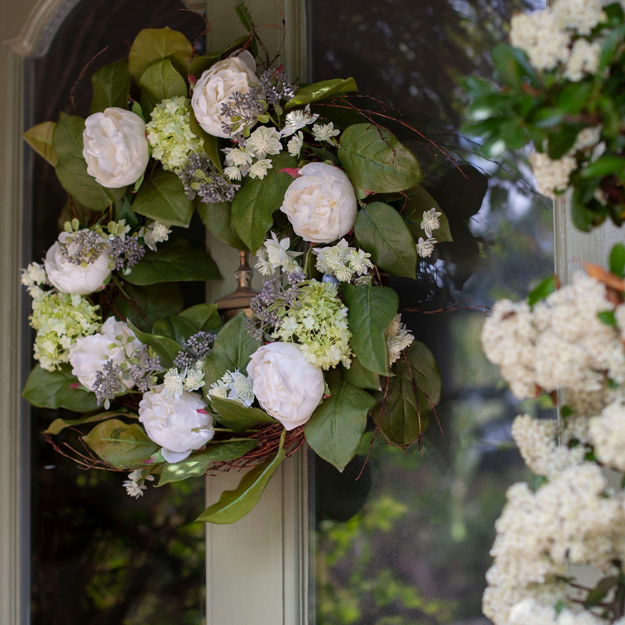 Artificial peony summer wreath with full peony blooms, suitable for front doors or interior wall display